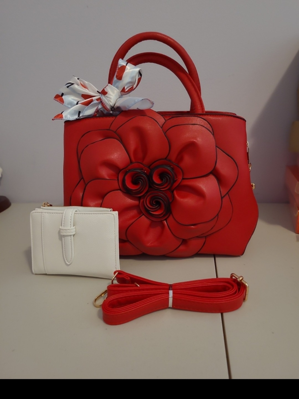 Red Floral Accent Satchel Handbag